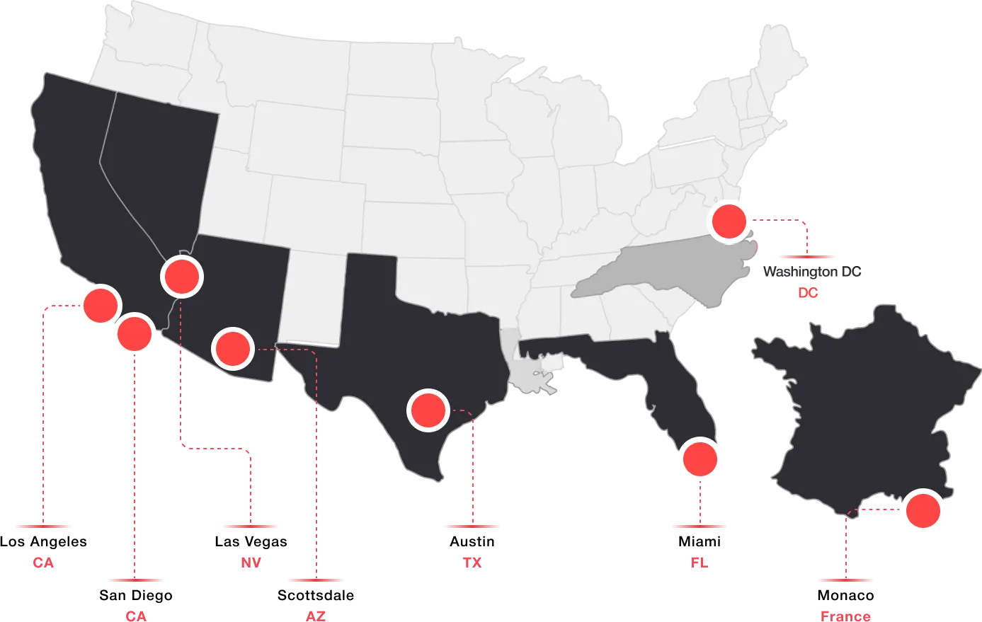 Map of the United States and France with the locations of Fast Lane Drive chapters indicated on the map.